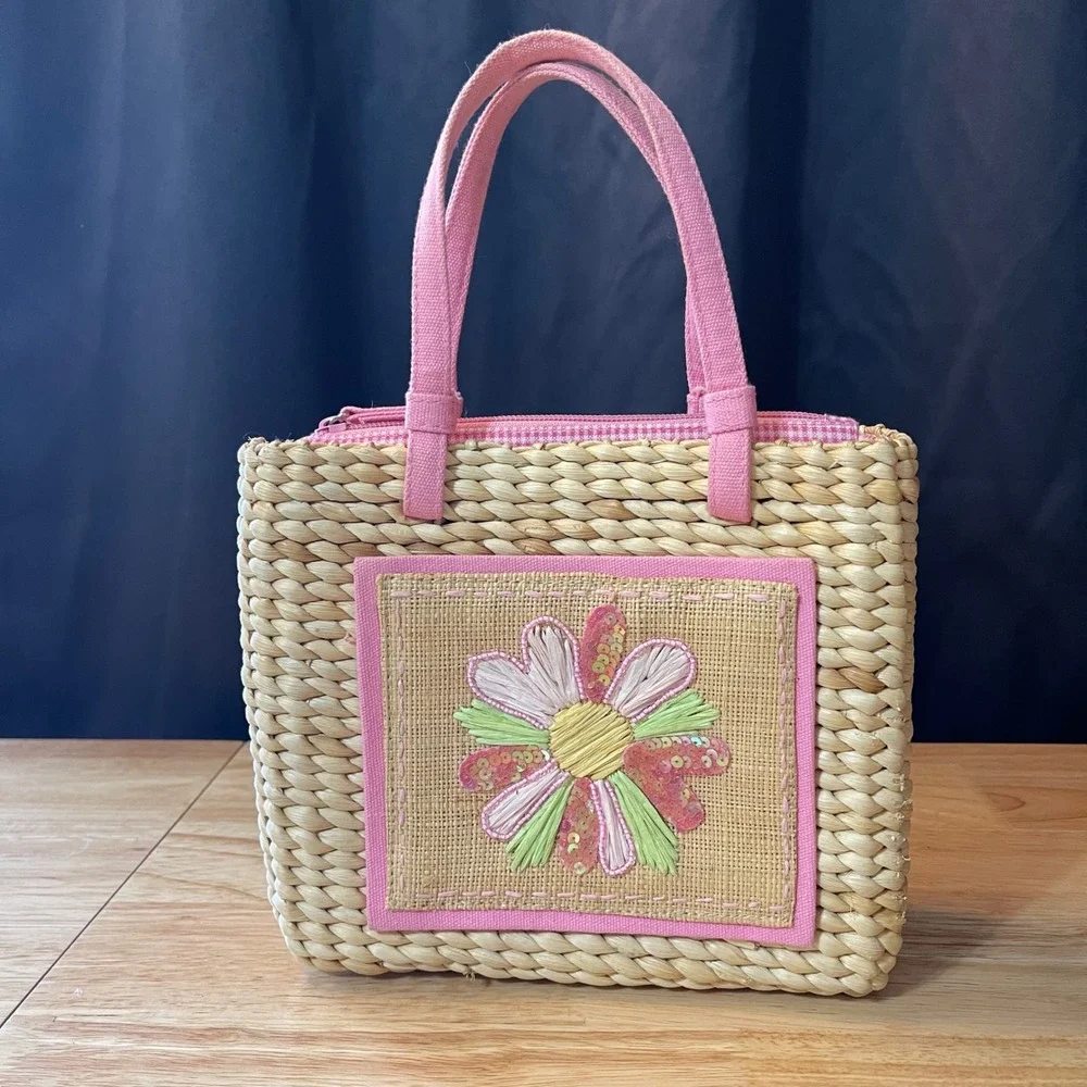 Woven Straw Daisy Tote Bag Pink Gingham Lining Sequin Floral Embroidery Small